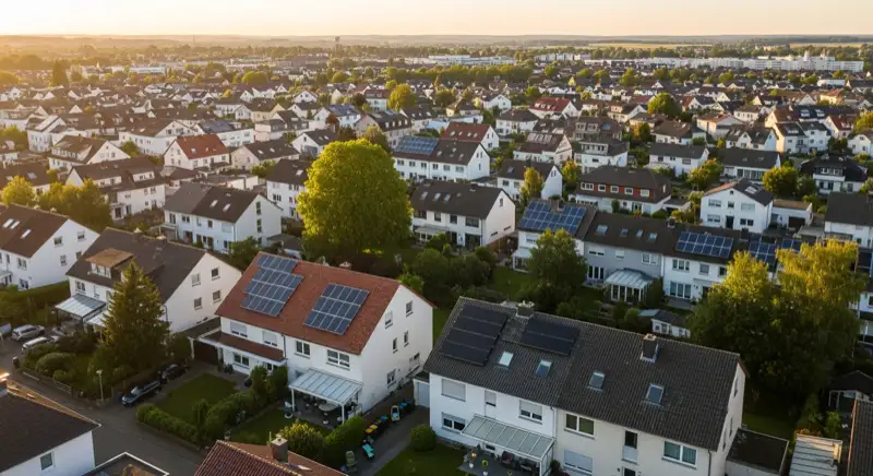 Aerial drone view of typical German residential neighborhood with mixed roof types, red and dark roof tiles, gardens visible, sunny day