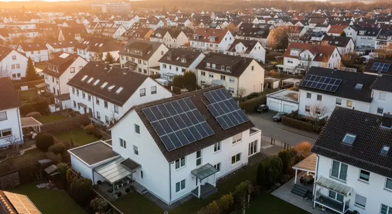 Aerial drone view of typical German residential neighborhood with mixed roof types, red and dark roof tiles, gardens visible, sunny day