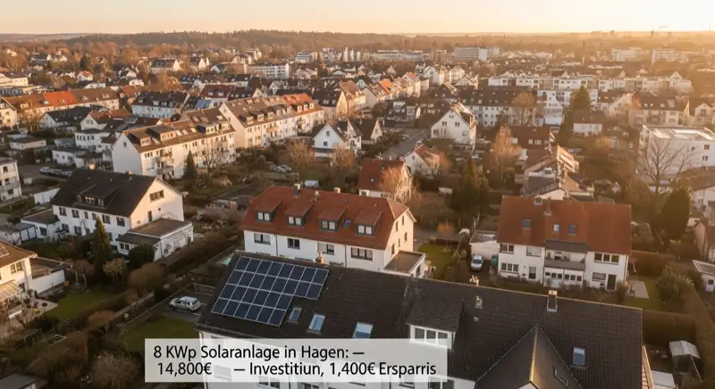 Aerial drone view of typical German residential neighborhood with mixed roof types, red and dark roof tiles, gardens visible, sunny day