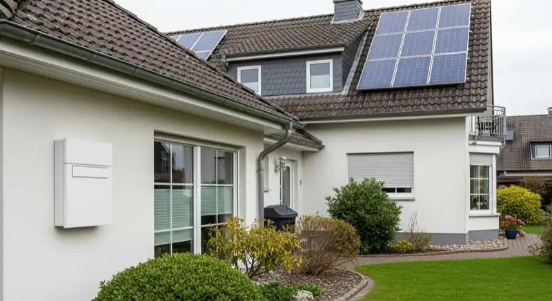 Weiße Wallbox an Hauswand eines Einfamilienhauses mit Solaranlage auf dem Dach