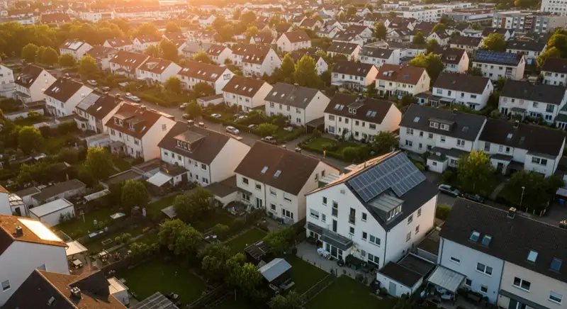 Aerial drone view of typical German residential neighborhood with mixed roof types, red and dark roof tiles, gardens visible, sunny day