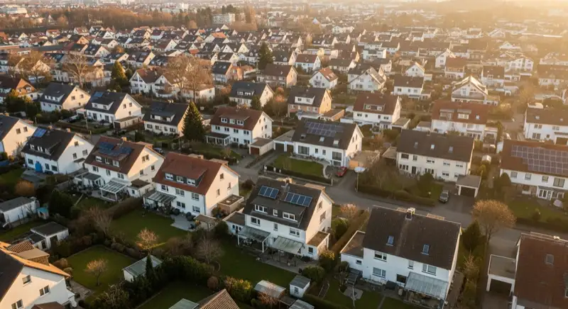 Aerial drone view of typical German residential neighborhood with mixed roof types, red and dark roof tiles, gardens visible, sunny day