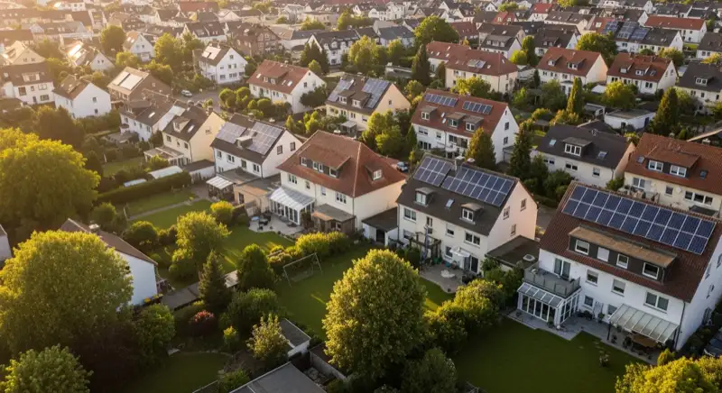 Aerial drone view of typical German residential neighborhood with mixed roof types, red and dark roof tiles, gardens visible, sunny day
