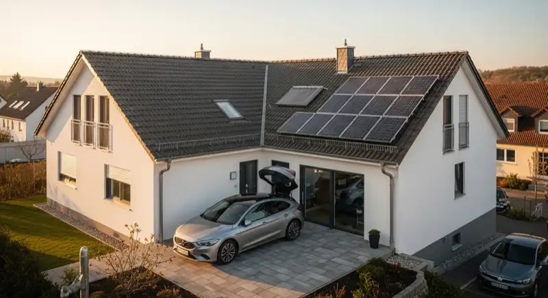 Moderne Wallbox an Einfamilienhaus in Halle mit ladendem Elektroauto