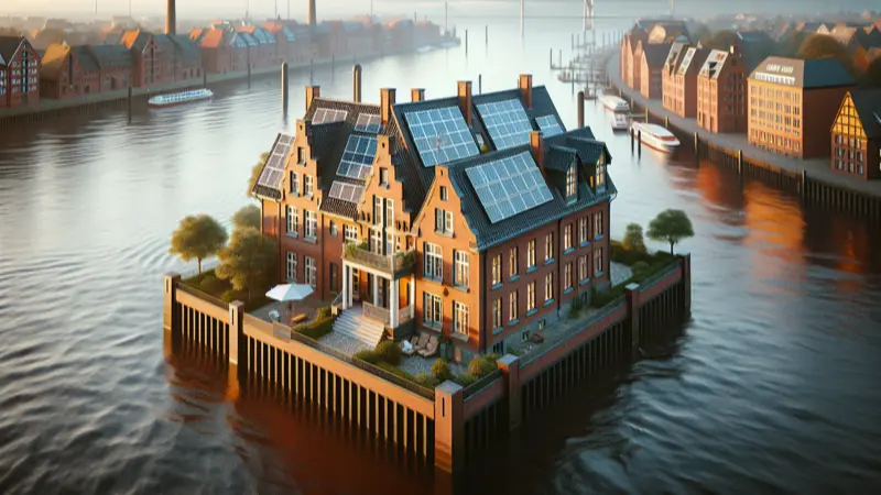 Einfamilienhaus mit Solaranlage in Hamburg, norddeutsche Backstein-Architektur mit Elbe im Hintergrund