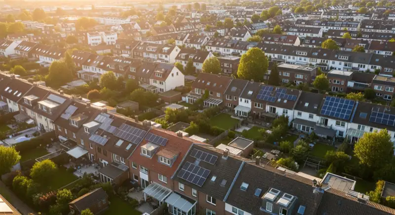 Aerial drone view of typical German residential neighborhood with mixed roof types, red and dark roof tiles, gardens visible, sunny day