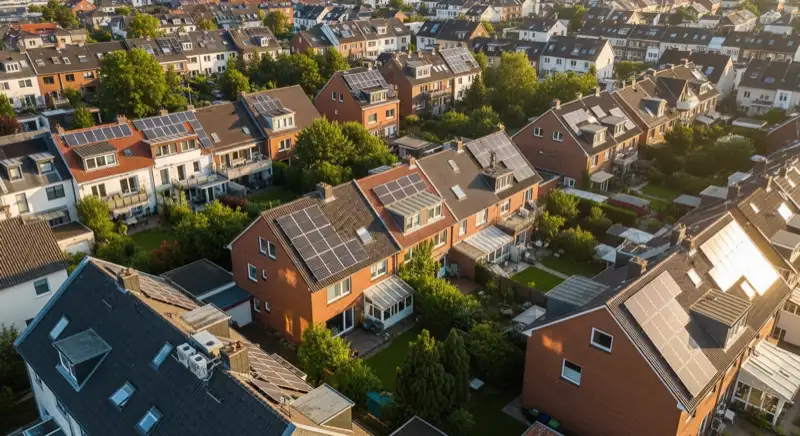 Aerial drone view of typical German residential neighborhood with mixed roof types, red and dark roof tiles, gardens visible, sunny day