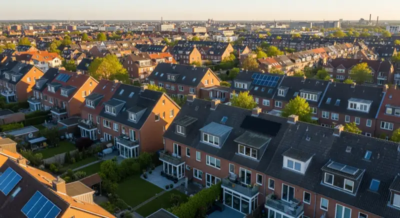Aerial drone view of typical German residential neighborhood with mixed roof types, red and dark roof tiles, gardens visible, sunny day