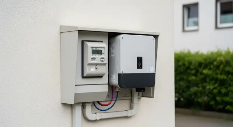 Modern German electrical meter cabinet (Zählerschrank) with smart meter and solar inverter connection, clean technical installation
