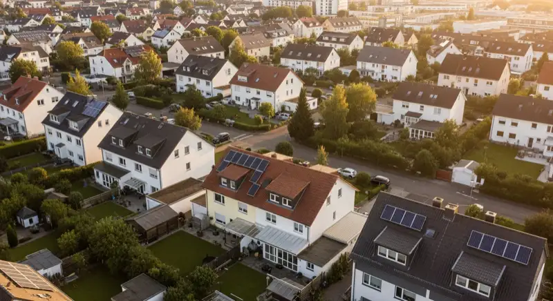 Aerial drone view of typical German residential neighborhood with mixed roof types, red and dark roof tiles, gardens visible, sunny day