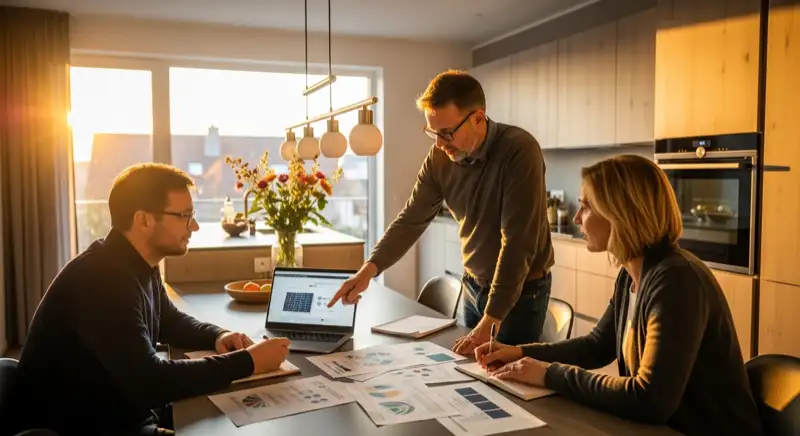 Familie am Küchentisch mit Solarberatungsunterlagen und Laptop in Hamm
