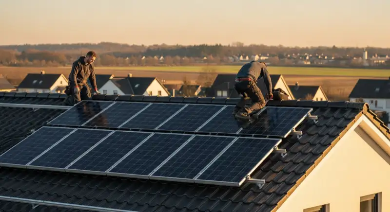 Solarinstallateure bei der Montage auf einem Einfamilienhaus in Hamm, flache Landschaft im Hintergrund