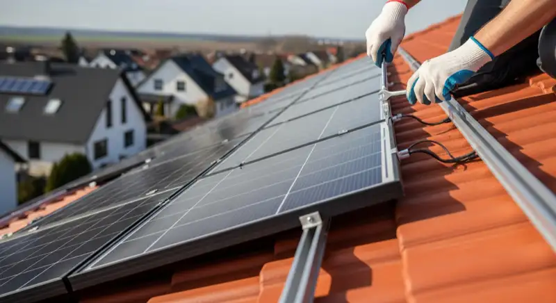 Nahaufnahme von Solarmodulen bei der Installation auf einem Einfamilienhaus in Hamm