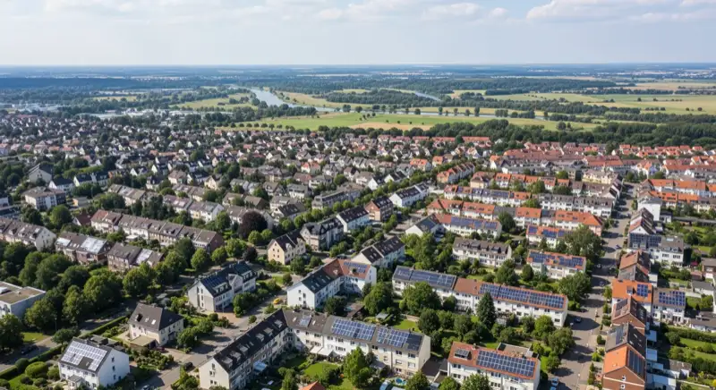 Luftaufnahme einer Hammer Wohnsiedlung mit Solardächern, flache westfälische Landschaft, Grünflächen