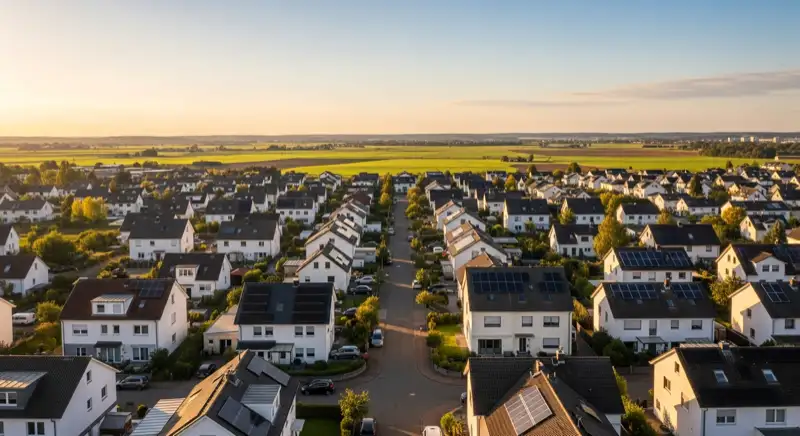 Wohnsiedlung in Hamm mit Solaranlagen auf Einfamilienhäusern, flache westfälische Landschaft im Hintergrund