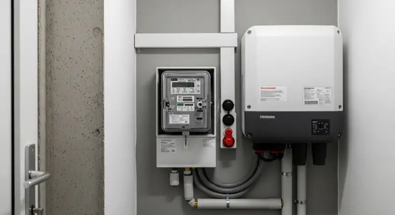 Modern German electrical meter cabinet (Zählerschrank) with smart meter and solar inverter connection, clean technical installation