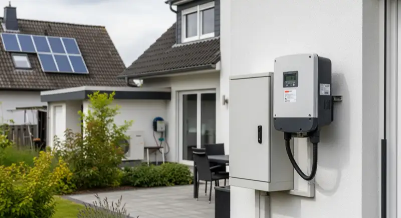 Modern German electrical meter cabinet (Zählerschrank) with smart meter and solar inverter connection, clean technical installation