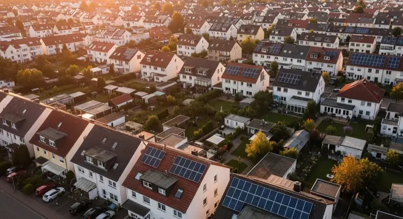Aerial drone view of typical German residential neighborhood with mixed roof types, red and dark roof tiles, gardens visible, sunny day