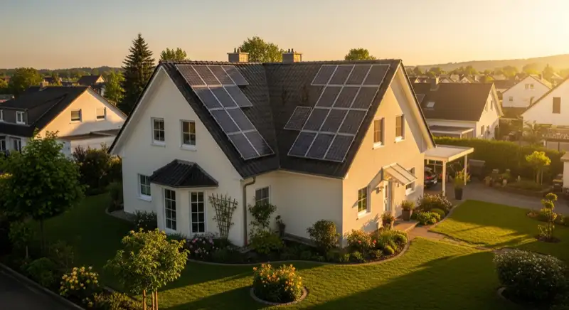Einfamilienhaus mit Solaranlage in Hanau, norddeutsche Backstein-Architektur, Main im Hintergrund
