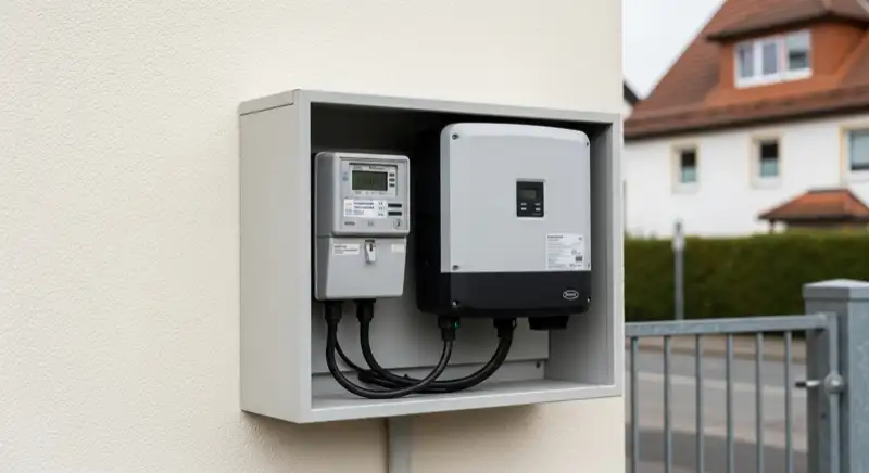 Modern German electrical meter cabinet (Zählerschrank) with smart meter and solar inverter connection, clean technical installation