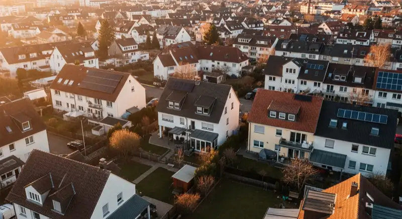 Aerial drone view of typical German residential neighborhood with mixed roof types, red and dark roof tiles, gardens visible, sunny day