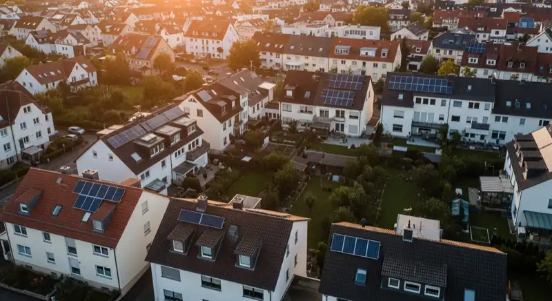 Aerial drone view of typical German residential neighborhood with mixed roof types, red and dark roof tiles, gardens visible, sunny day