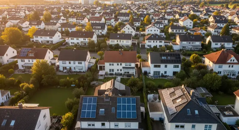 Aerial drone view of typical German residential neighborhood with mixed roof types, red and dark roof tiles, gardens visible, sunny day