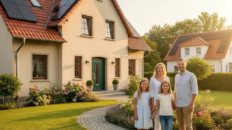 Familie vor ihrem Einfamilienhaus mit Solaranlage in Hannover