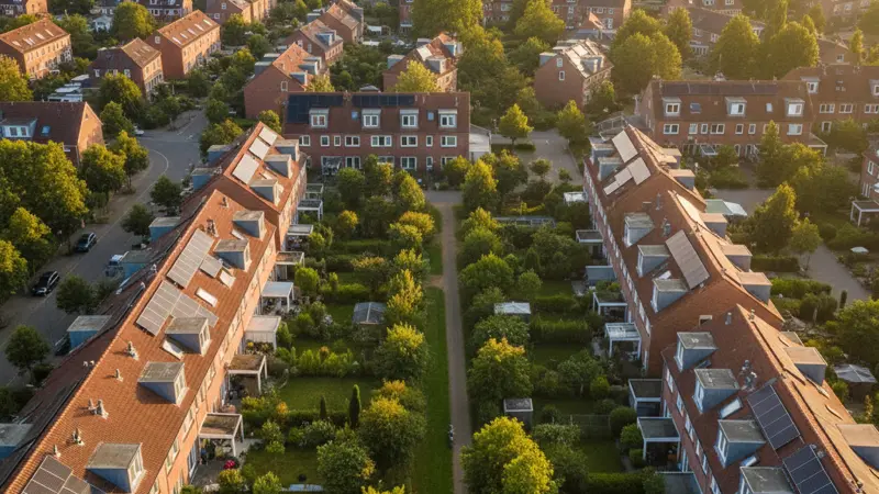 Wohnsiedlung in Hannover mit Solardächern, Luftaufnahme
