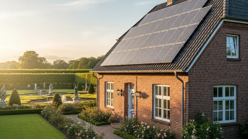 Einfamilienhaus mit Solaranlage auf dem Dach in Hannover, norddeutsche Backsteinarchitektur