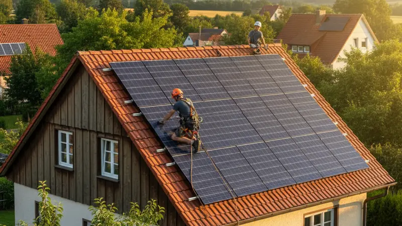 Solarinstallateur bei der Montage auf einem Hannoveraner Dach