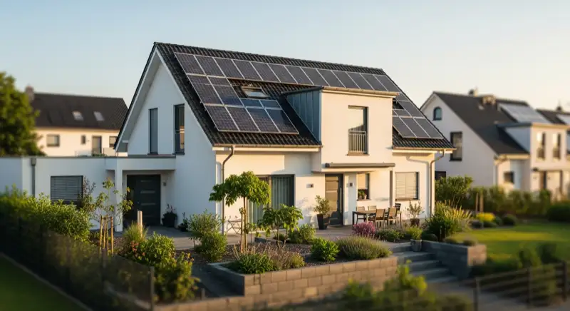 Modernes Einfamilienhaus in Hannover mit Solaranlage, warmes Morgenlicht, realistischer Vorstadtstil