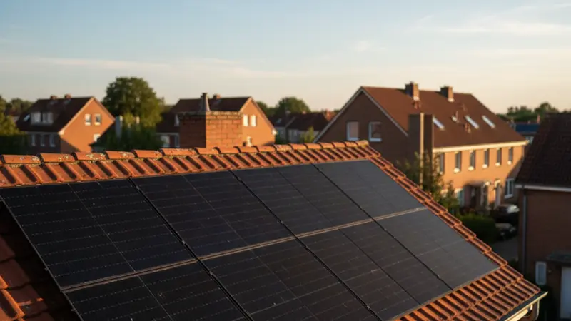 Solarmodule auf einem Reihenhaus-Dach in Hannover, rote Dachziegel