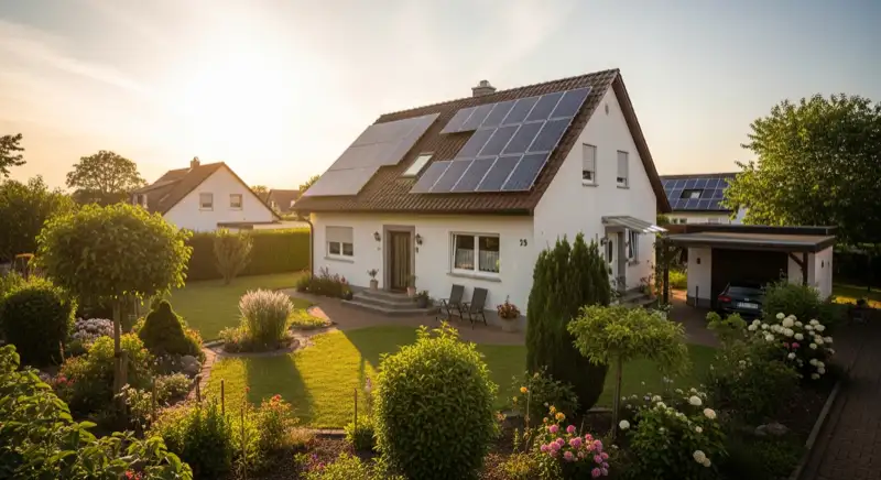 German detached house (Einfamilienhaus) with photovoltaic panels on pitched roof, well-maintained garden, warm afternoon sunlight