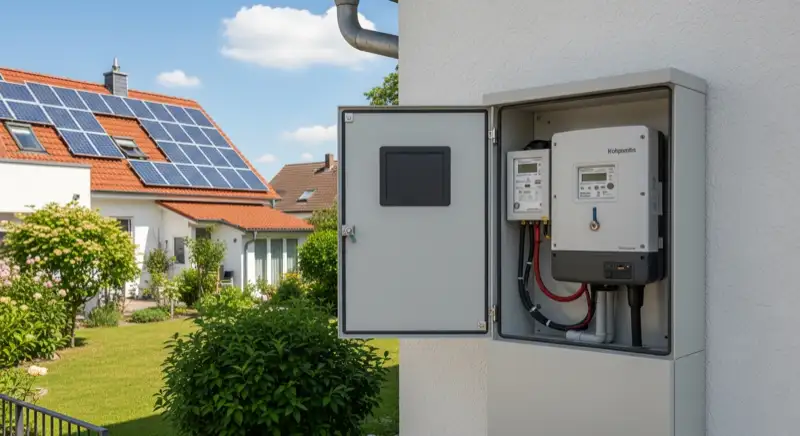 Modern German electrical meter cabinet (Zählerschrank) with smart meter and solar inverter connection, clean technical installation