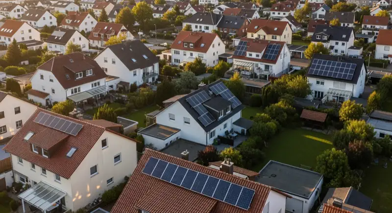 Aerial drone view of typical German residential neighborhood with mixed roof types, red and dark roof tiles, gardens visible, sunny day