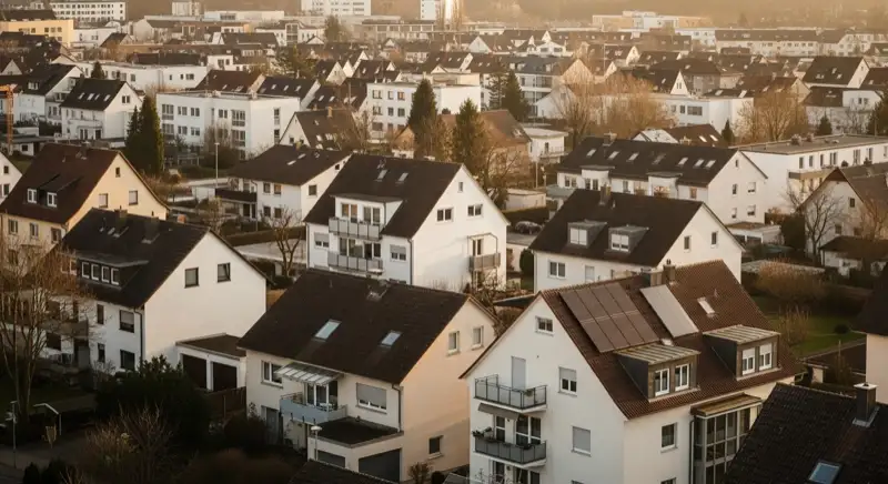 Wohngebiete in Heilbronn mit verschiedenen Bauformen, typische Einfamilienhäuser und Dachstrukturen aus der Luft