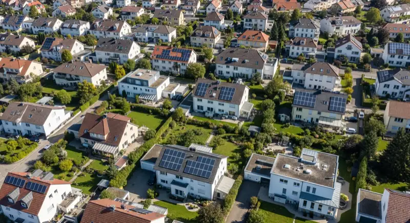 Wohngebiete in Heilbronn mit verschiedenen Bauformen, typische Einfamilienhäuser und Dachstrukturen aus der Luft