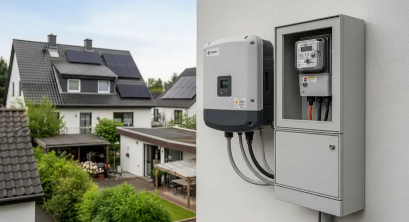 Modern German electrical meter cabinet (Zählerschrank) with smart meter and solar inverter connection, clean technical installation
