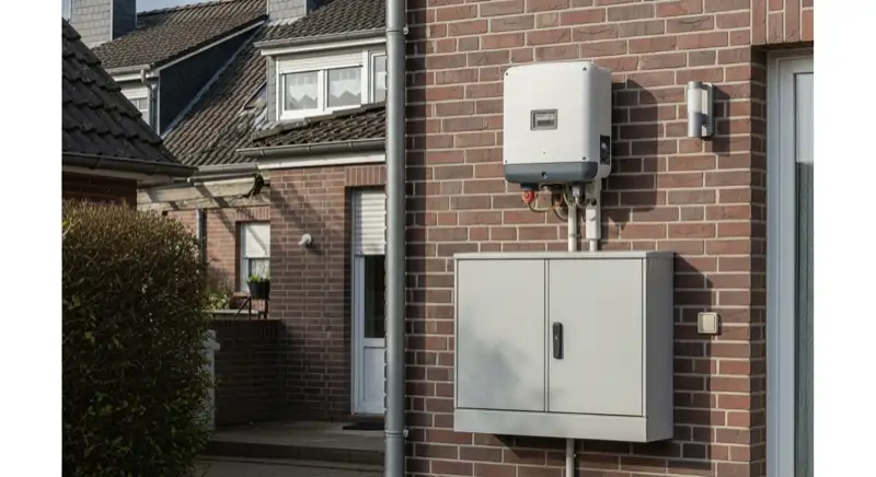 Modern German electrical meter cabinet (Zählerschrank) with smart meter and solar inverter connection, clean technical installation