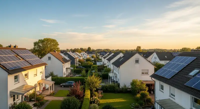 Aerial drone view of typical German residential neighborhood with mixed roof types, red and dark roof tiles, gardens visible, sunny day