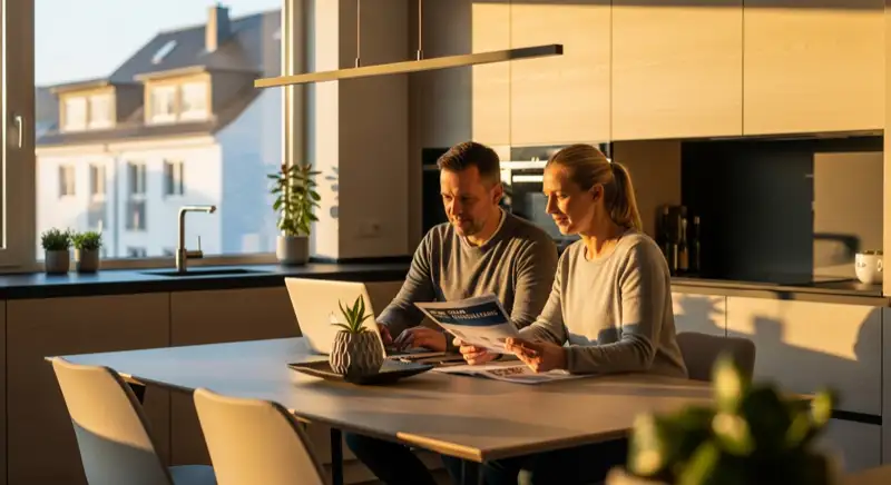 Paar am Küchentisch mit Solarberatungsunterlagen und Laptop in Herne