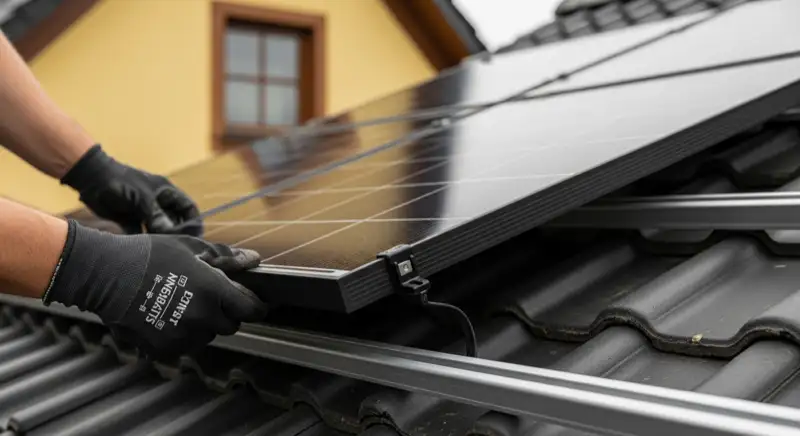 Nahaufnahme von Solarmodulen bei der Installation auf einem Einfamilienhaus in Herne