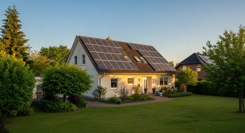German detached house (Einfamilienhaus) with photovoltaic panels on pitched roof, well-maintained garden, warm afternoon sunlight