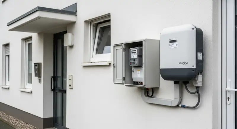 Modern German electrical meter cabinet (Zählerschrank) with smart meter and solar inverter connection, clean technical installation