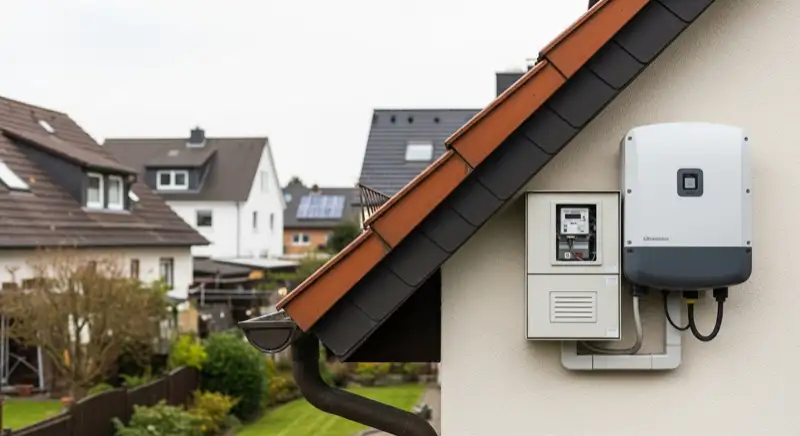 Modern German electrical meter cabinet (Zählerschrank) with smart meter and solar inverter connection, clean technical installation