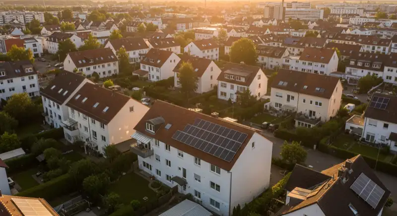 Aerial drone view of typical German residential neighborhood with mixed roof types, red and dark roof tiles, gardens visible, sunny day