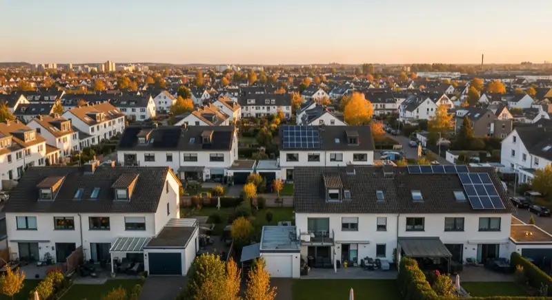 Aerial drone view of typical German residential neighborhood with mixed roof types, red and dark roof tiles, gardens visible, sunny day
