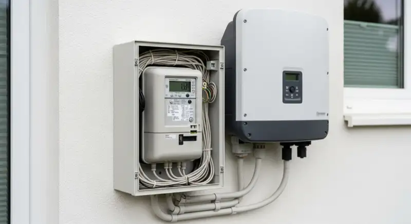 Modern German electrical meter cabinet (Zählerschrank) with smart meter and solar inverter connection, clean technical installation