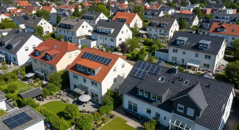 Aerial drone view of typical German residential neighborhood with mixed roof types, red and dark roof tiles, gardens visible, sunny day